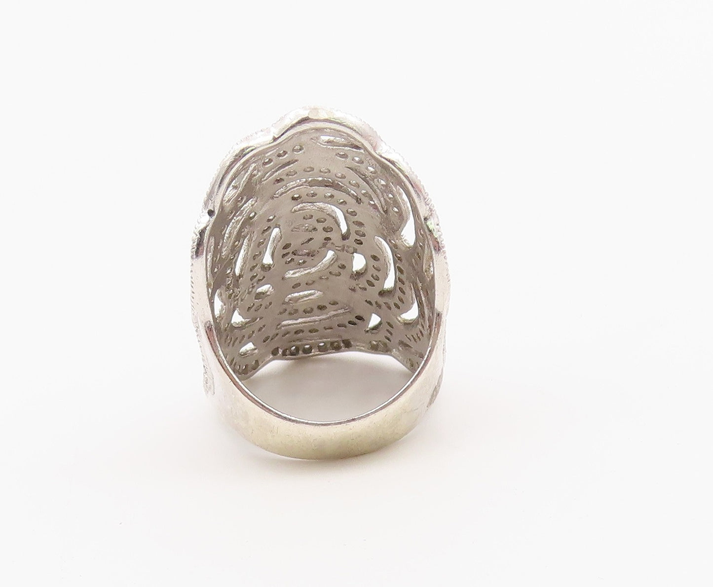 925 Sterling Silver Vintage Ring CZ Pave Intricate Openwork Rose Sz 7.5 RG36631