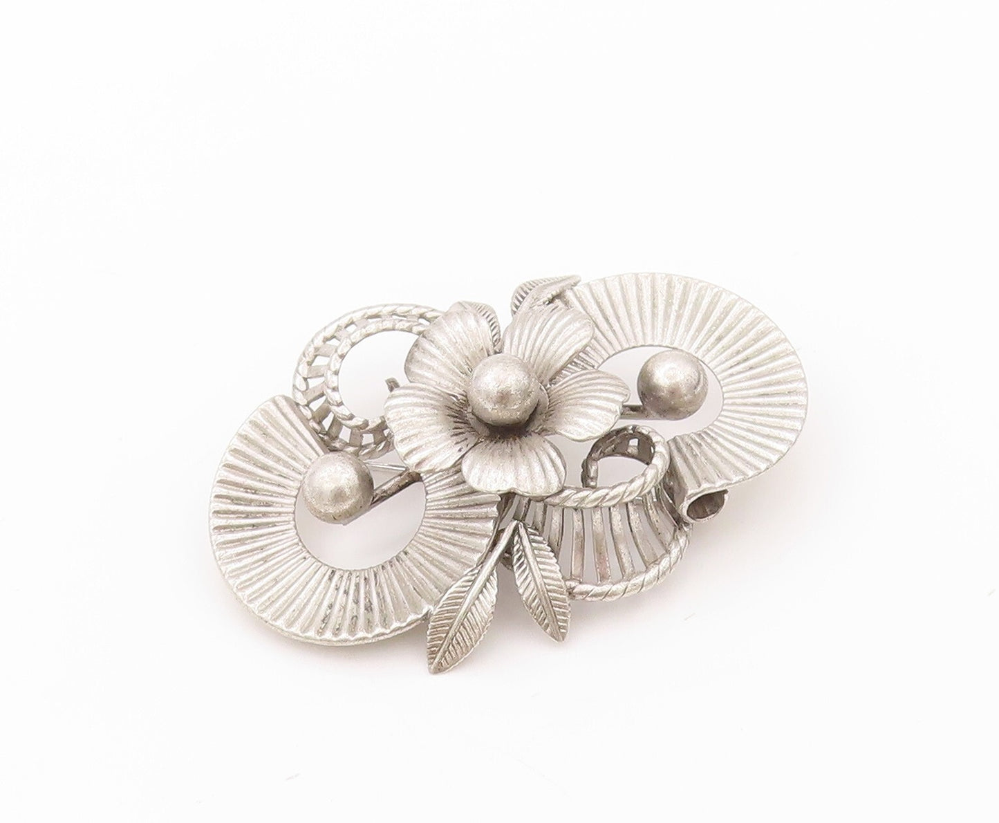 925 Sterling Silver Vintage Brooch Pin VAN DELL Grooved Floral Design  BP11163