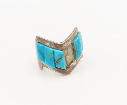 ZUNI NAVAJO 925 Silver  Vintage Antique Turquoise Zigzag Ring Sz 8  RG27139