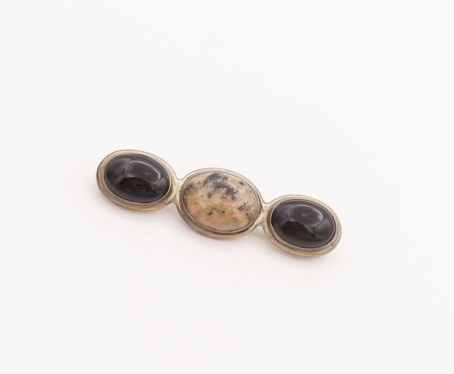 925 Sterling Silver Vintage Brooch Pin GFMW Cabochon Oval Jasper & Onyx  BP11054