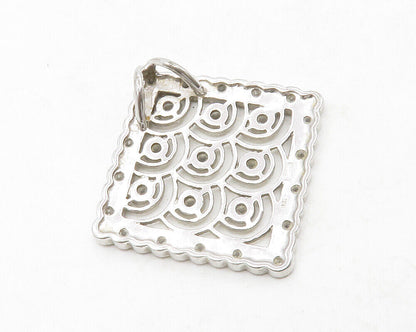 925 Sterling Silver  Shiny White Topaz Square Wavy Border Pendant  PT10218