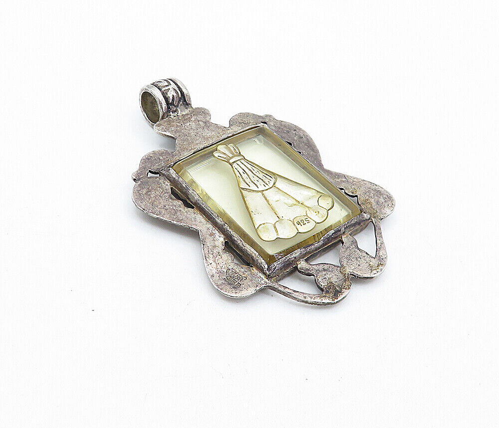 925 Sterling Silver  Vintage 2 Tone Swirl Etched Figure Glass Pendant  PT3255