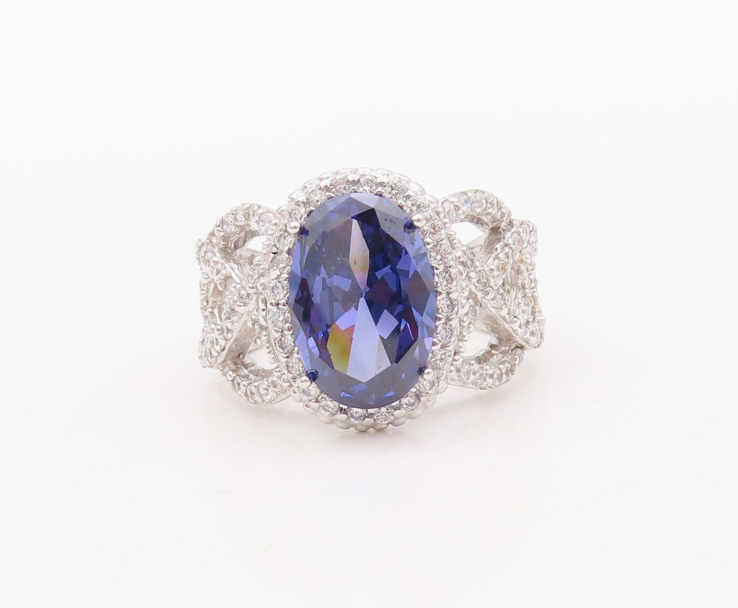 925 Sterling Silver Vintage Ring Designer Cutout Sapphire & CZ  Sz 7.5  RG30577
