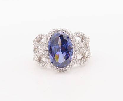 925 Sterling Silver Vintage Ring Designer Cutout Sapphire & CZ  Sz 7.5  RG30577