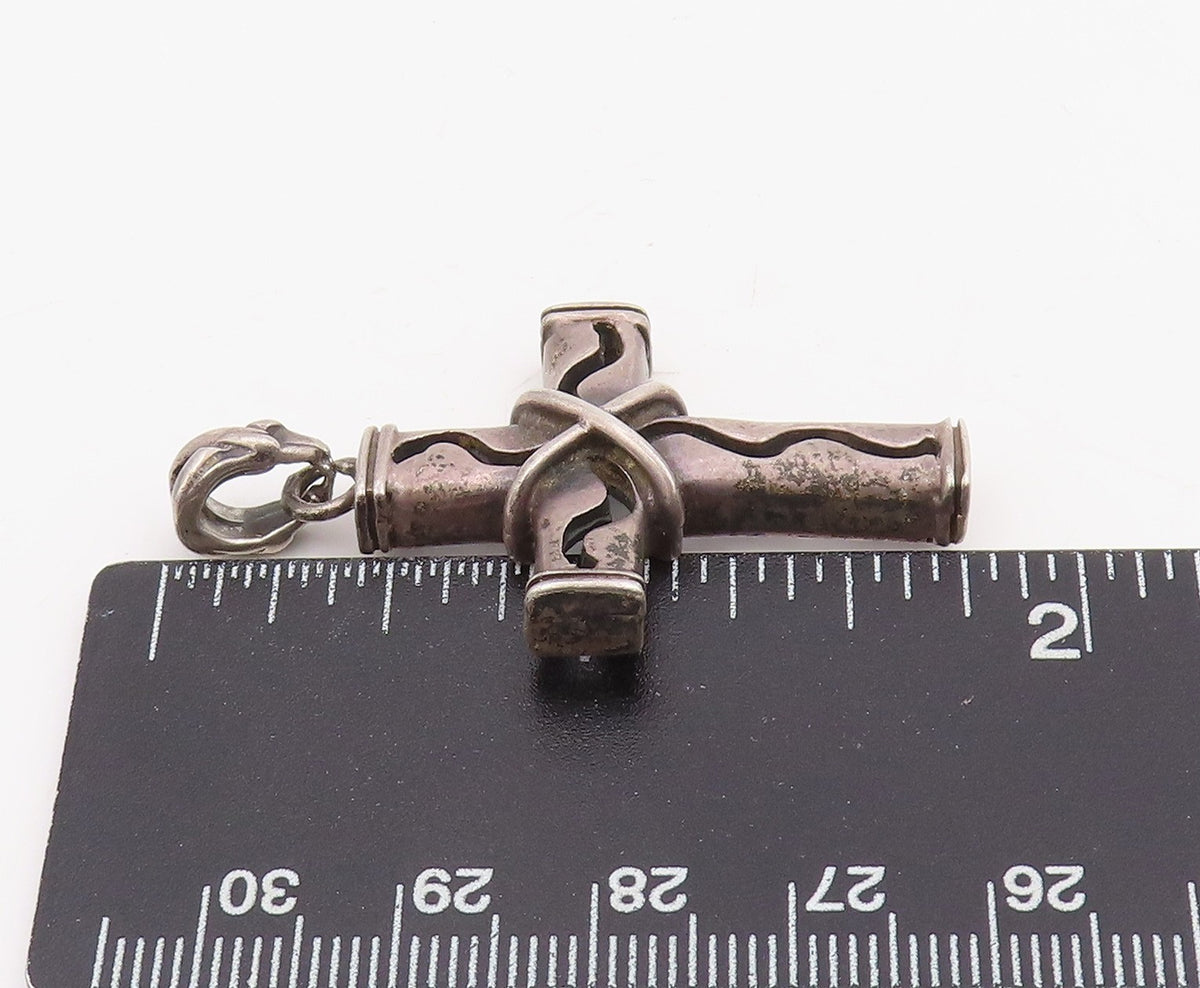 925 Sterling Silver Vintage Pendant Wavy Wire Wrapped Religious Cross  PT25884