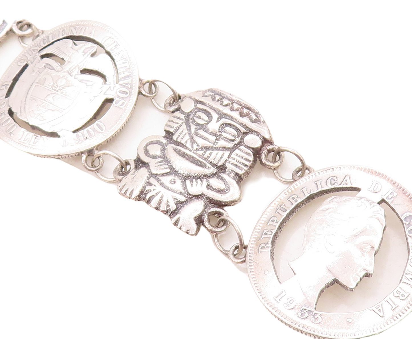 925 Sterling Silver  Vintage Antique Colombian Coin Link Chain Bracelet BT2964