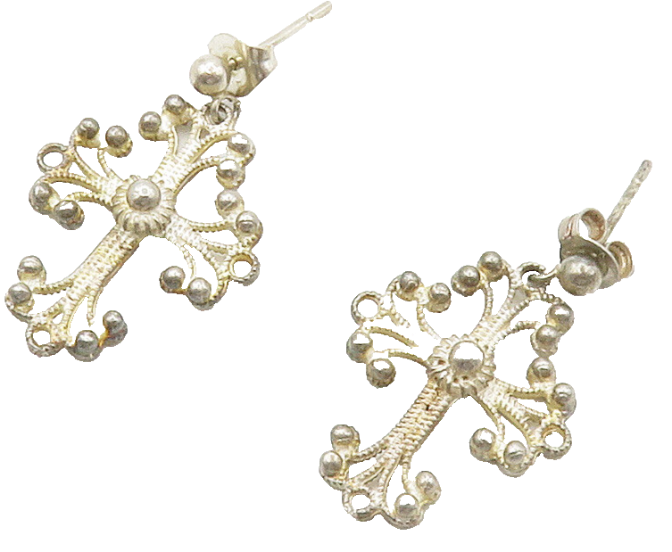 925 Sterling Silver  Vintage Swirl Religious Cross Drop Earrings  EG7874