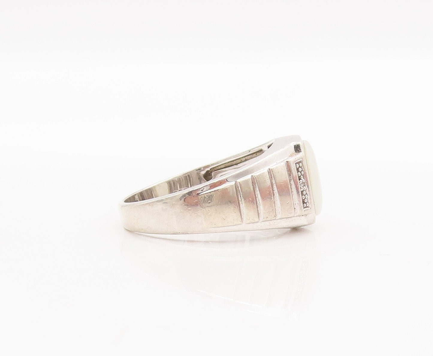 925 Sterling Silver Vintage Ring Carved Square Opal & Diamond  Sz 10.5  RG28302
