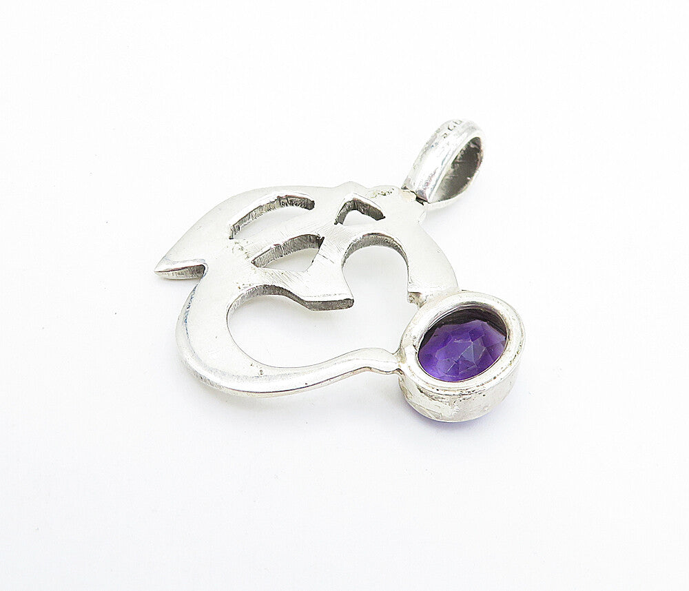 925 Sterling Silver  Faceted Amethyst Om Spiritual Symbol Pendant  PT5945