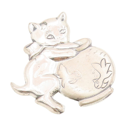 925 Sterling Silver Vintage Brooch Etched Kitten Hugging Fishbowl Pin  BP12111