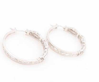 925 Sterling Silver Vintage Earrings Real 1/2ct Diamonds Elegant Hoops  EG14019