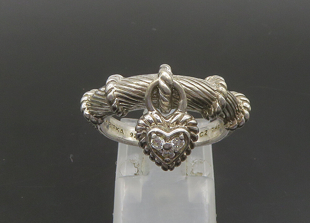 JUDITH RIPKA 925 Silver  Vintage Topaz Love Heart Charm Band Ring Sz 8 RG23529