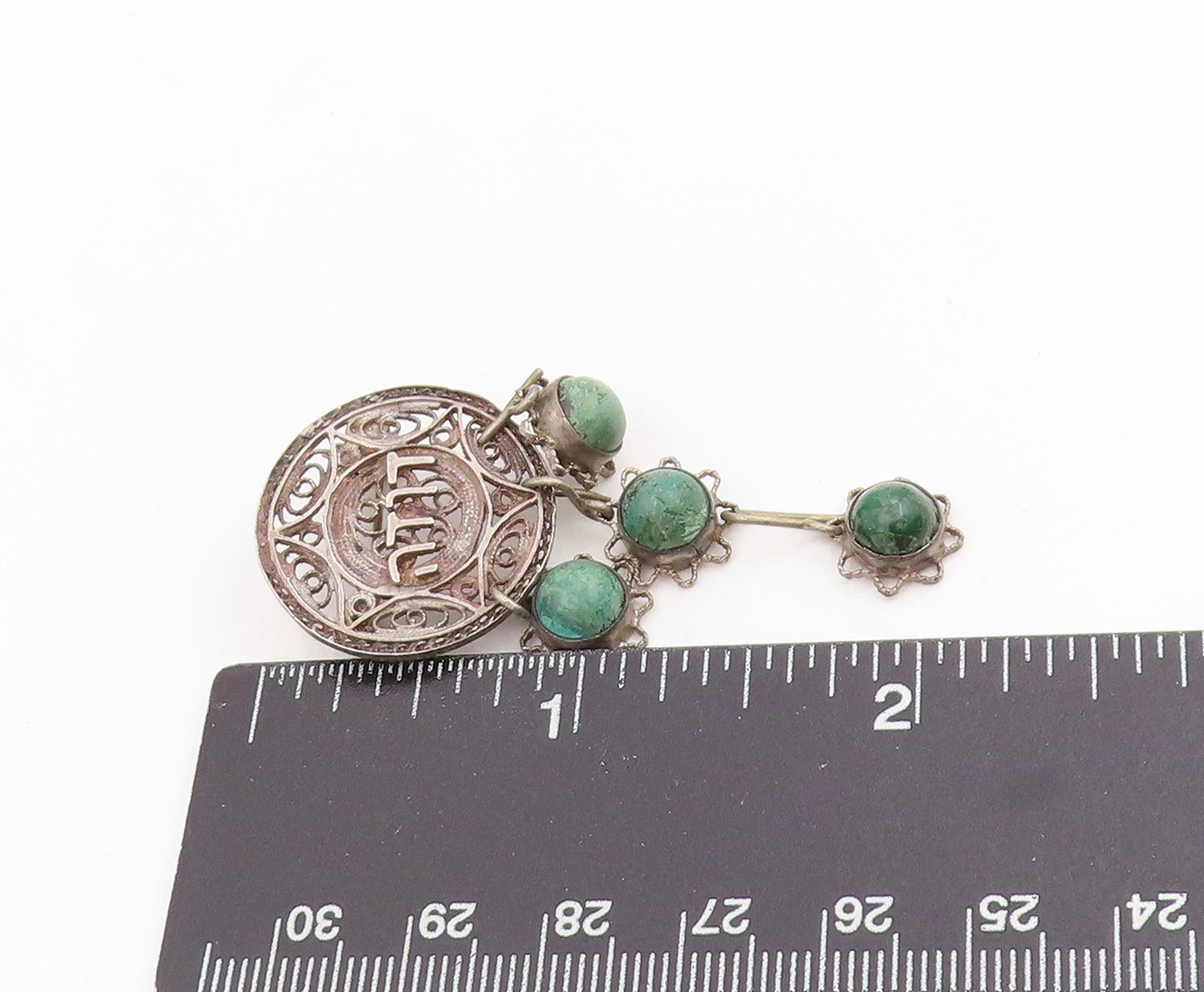 925 Sterling Silver Vintage Brooch Cabochon Turquoise Bohemian Dangling  BP12033