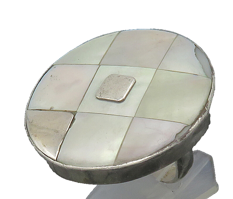 SANDY BAKER 925 Silver  Vintage Mother Of Pearl Cocktail Ring Sz 9  RG16414