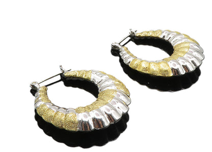925 Sterling Silver  Shiny Two Tone Hollow Fluted Hoop Earrings  EG5101