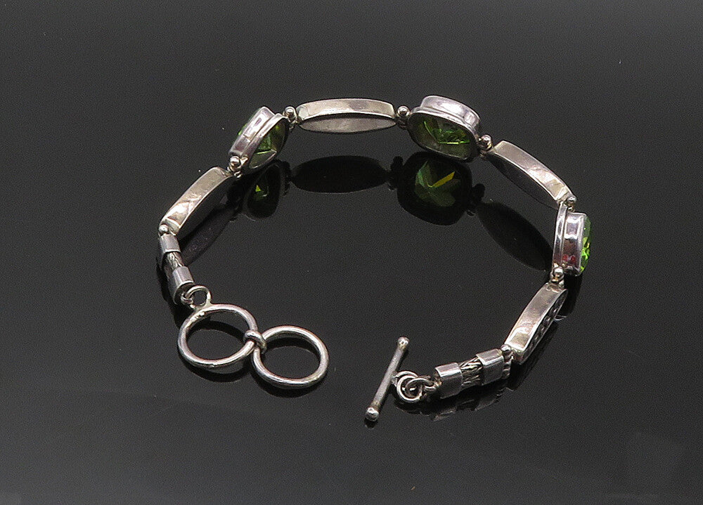 925 Sterling Silver  Vintage Peridot Circle Pattern Chain Bracelet  BT8398