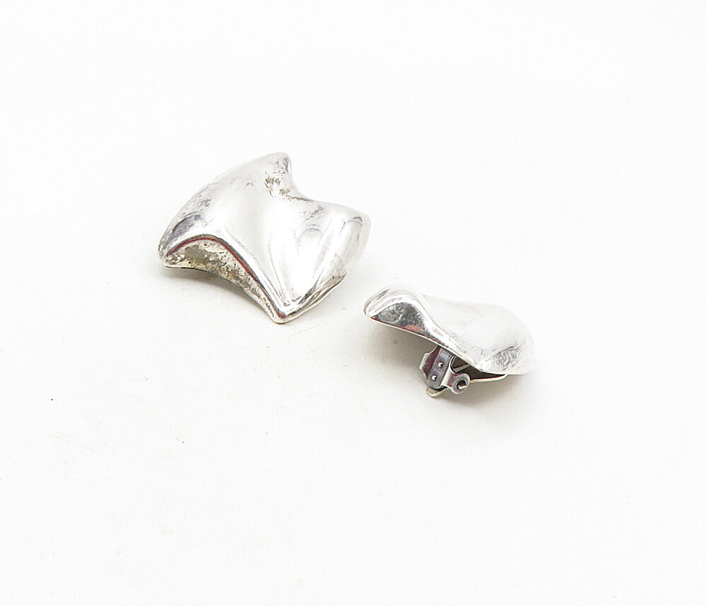 MEXICO 925 Silver  Vintage Shiny Modernist Design Non Pierce Earrings  EG4788