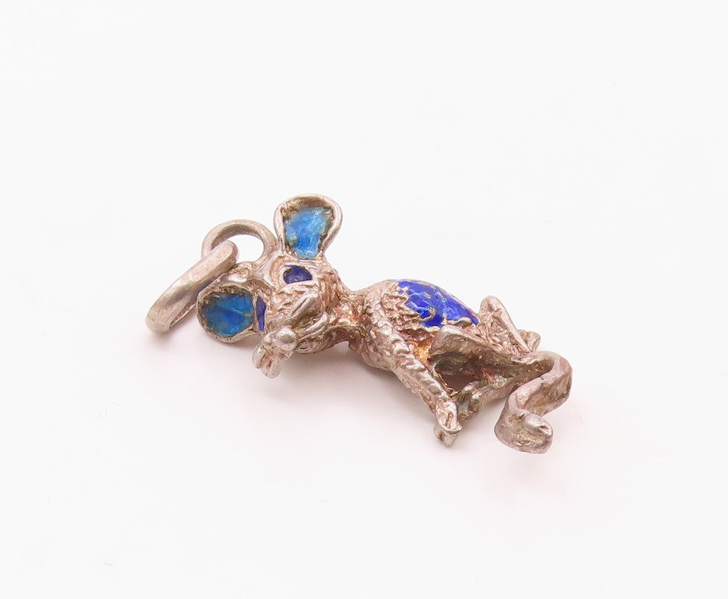 925 Sterling Silver  Vintage Minimalist Carved Enamel Mouse Pendant  PT21800
