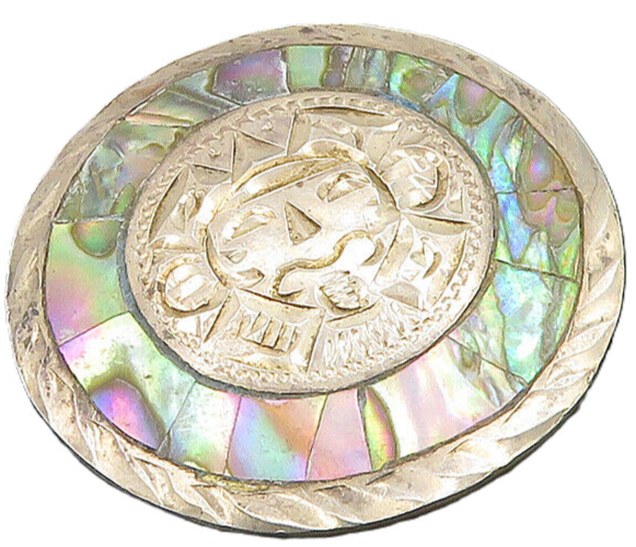 MEXICO 925 Sterling Silver  Vintage Abalone Etched Face Brooch Pin  BP7341