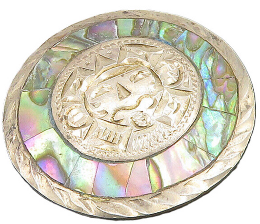 MEXICO 925 Sterling Silver  Vintage Abalone Etched Face Brooch Pin  BP7341