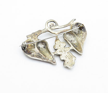 925 Sterling Silver Vintage Antique Dark Tone Grape Vine Brooch Pin BP2688