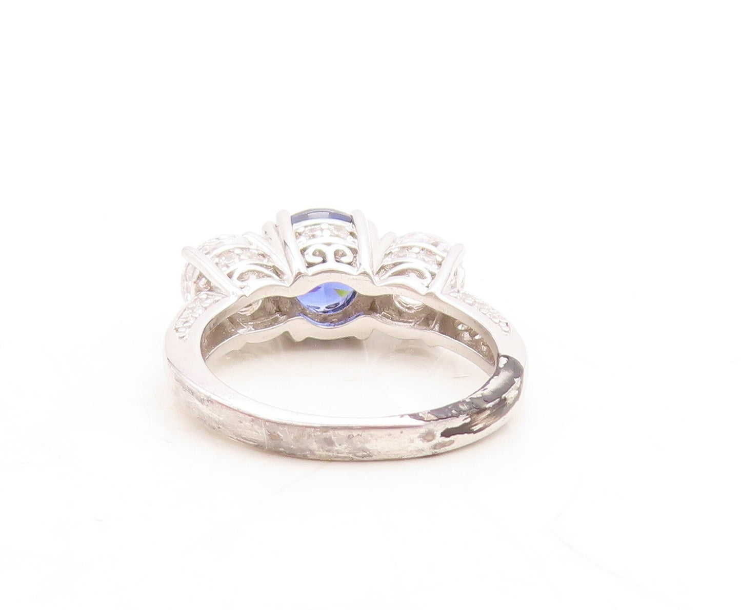 925 Sterling Silver Vintage Ring Round Sapphire & CZ Side Stones Sz 7  RG30112