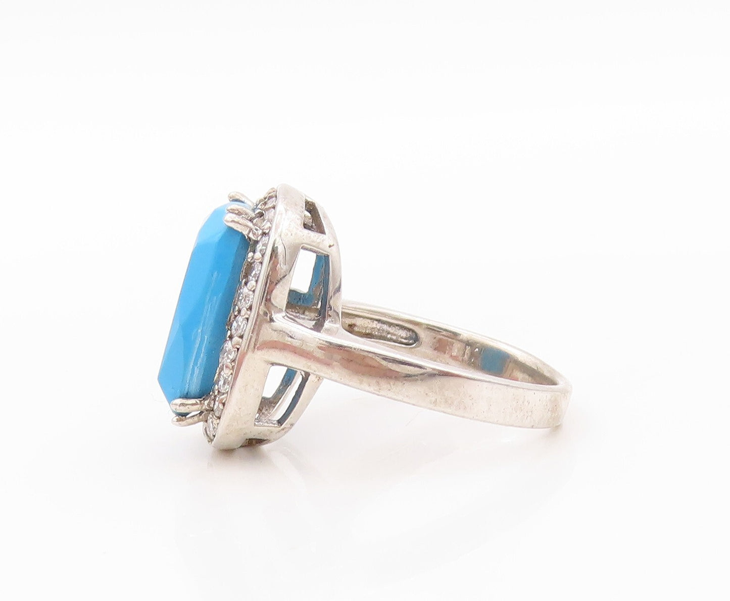 925 Sterling Silver Vintage Ring Rectangle Cut Turquoise Halo CZ  Sz 7  RG30297
