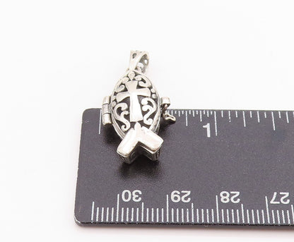 925 Sterling Silver Vintage Pendant Etched Swirly Cross Fish Box Charm  PT24583