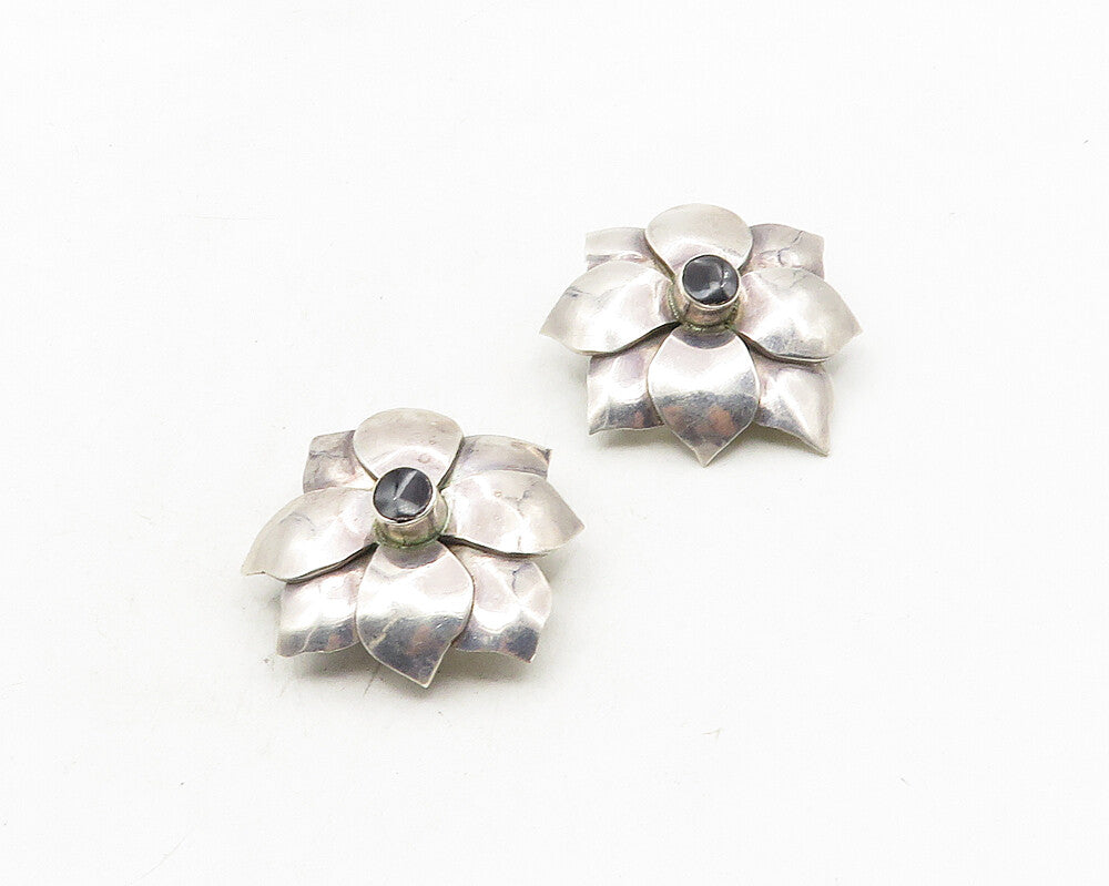 MEXICO 925 Silver  Vintage Black Onyx Flower Motif Non Pierce Earrings  EG5335