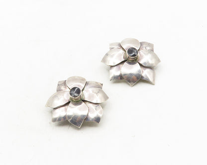MEXICO 925 Silver  Vintage Black Onyx Flower Motif Non Pierce Earrings  EG5335