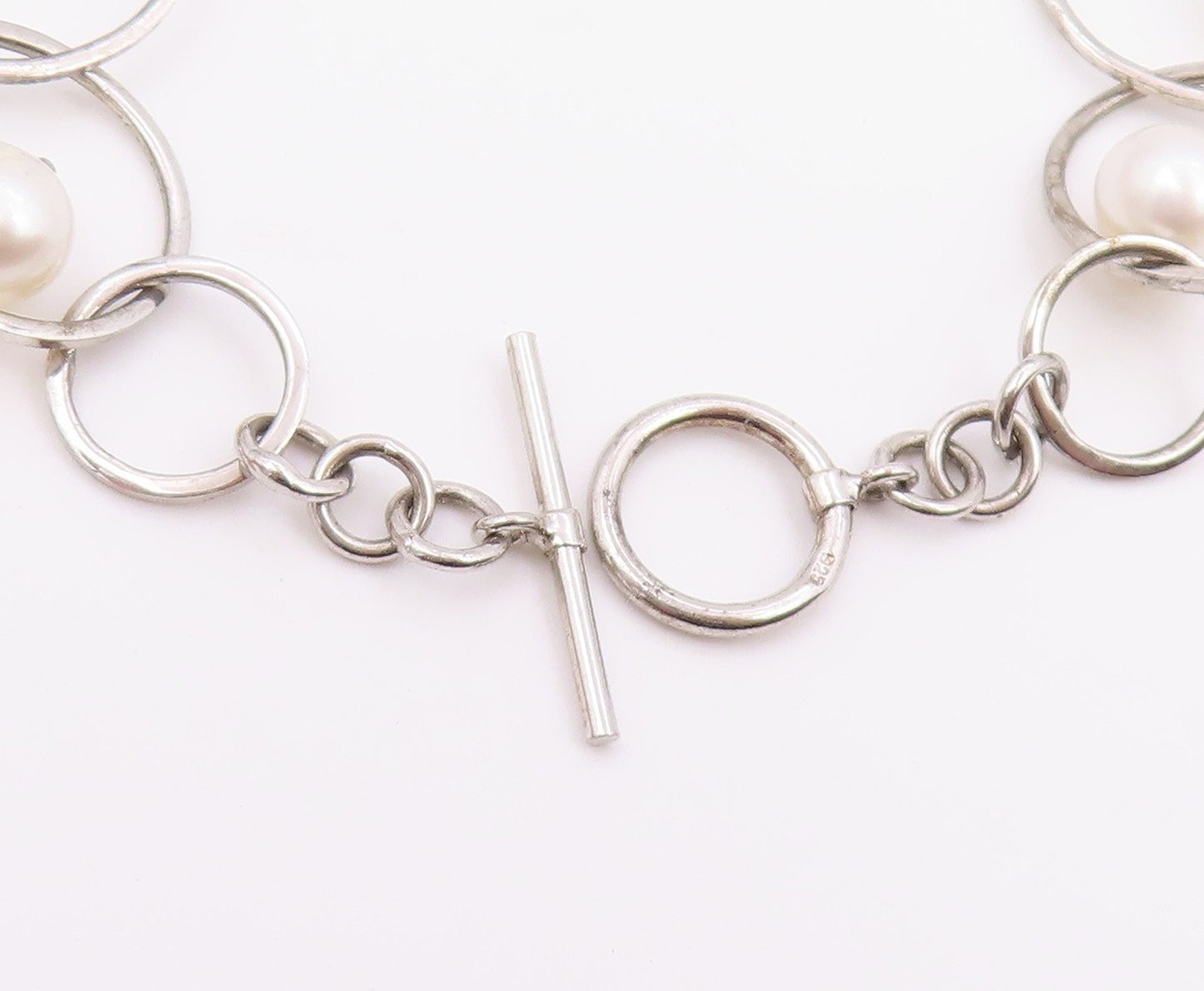 925 Sterling Silver  Vintage Cultured Pearl Open Circle Chain Bracelet  BT8935