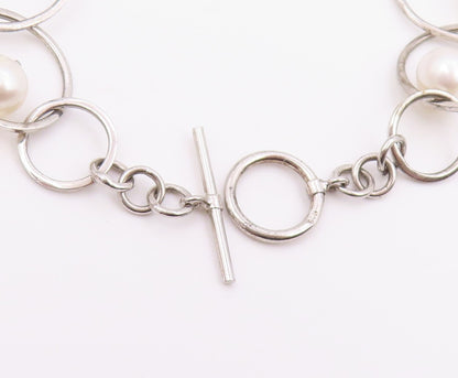 925 Sterling Silver  Vintage Cultured Pearl Open Circle Chain Bracelet  BT8935