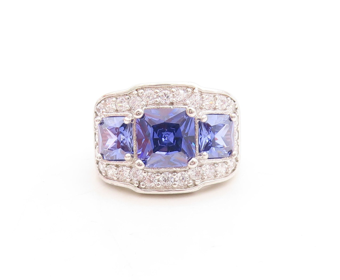 925 Sterling Silver Vintage Ring Square Sapphire Halo CZ Inlay  Sz 7  RG30113