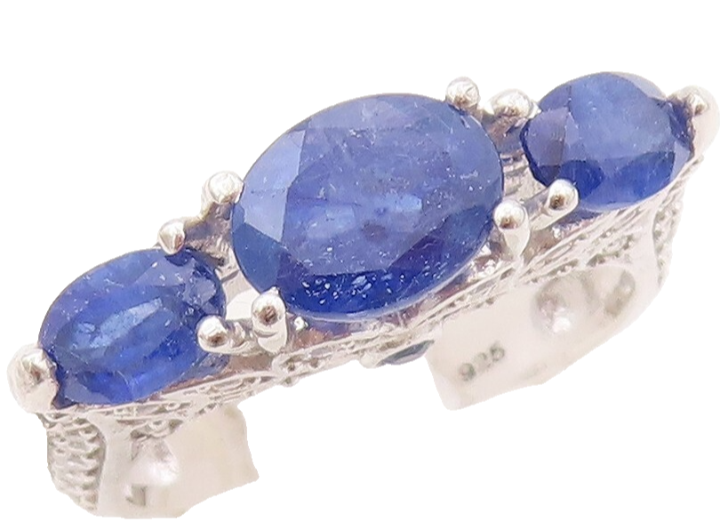 925 Sterling Silver Vintage Ring Floral Carved Oval Sapphire & CZ Sz 7.5 RG30576