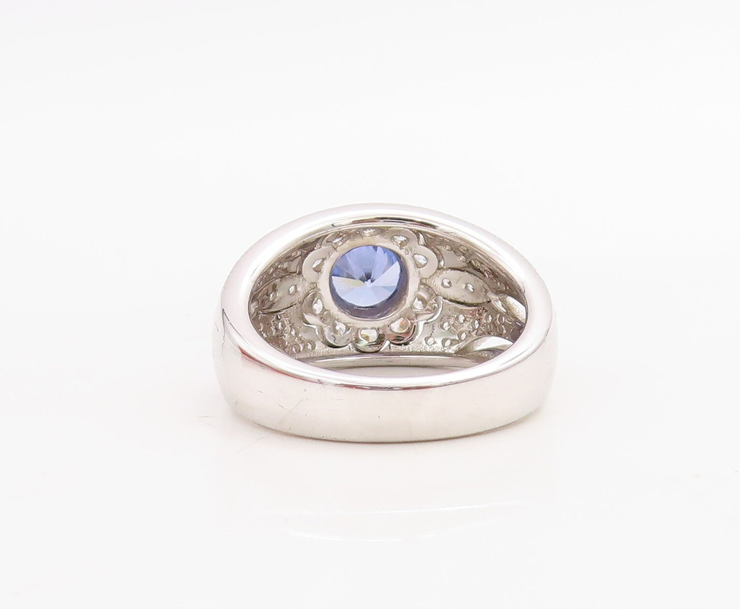 925 Sterling Silver Vintage Ring Floral Design Carved Sapphire & CZ Sz 7 RG30748