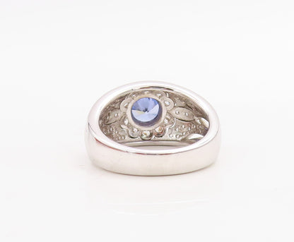 925 Sterling Silver Vintage Ring Floral Design Carved Sapphire & CZ Sz 7 RG30748