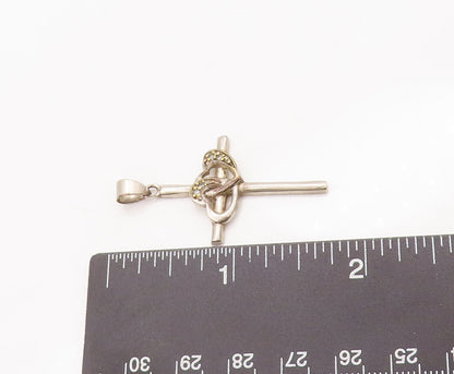 925 Sterling Silver Vintage Pendant Interlocked Carved Topaz Heart Cross PT22989