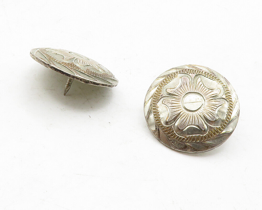 HOBBY HORSE 925 Sterling Silver Vintage 2 Pcs Flower Etched Round Pins TR1977