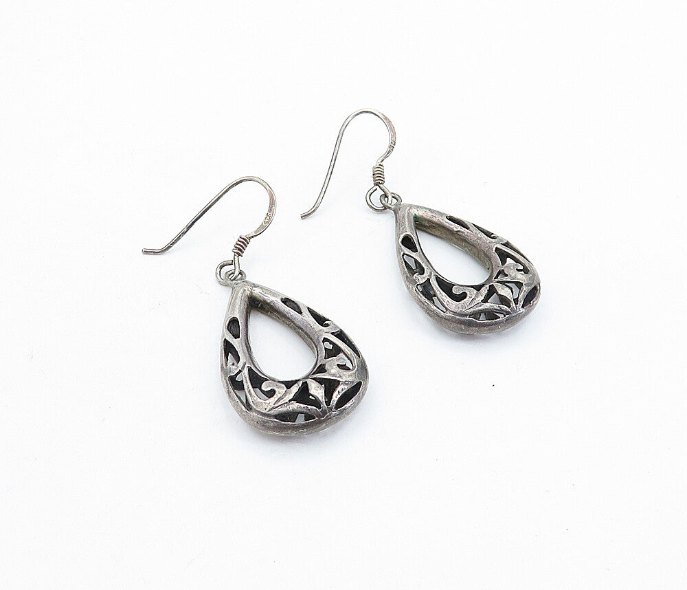 925 Sterling Silver  Vintage Dark Tone Swirl Tear Drop Dangle Earrings  EG2829