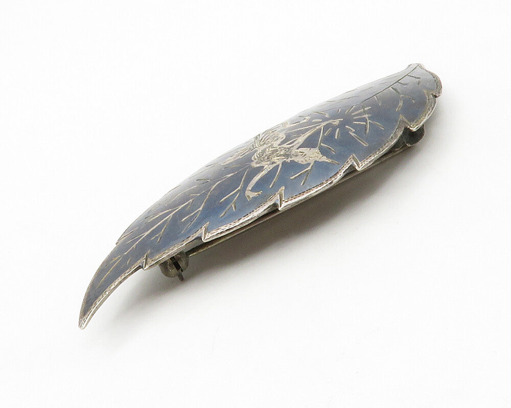 SIAM 925 Sterling Silver  Vintage Enamel Niello Dancer Leaf Brooch Pin  BP5270