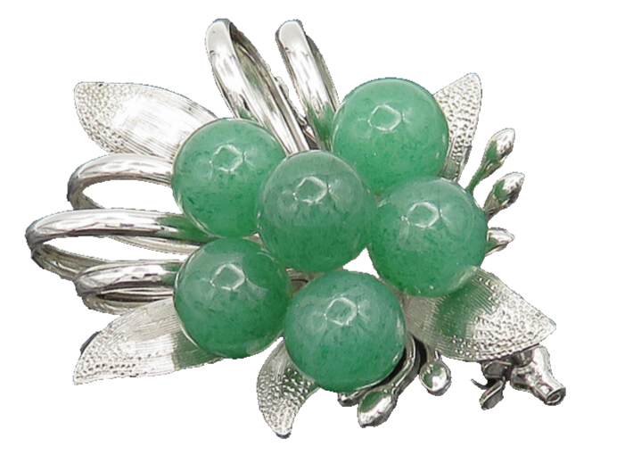 925 Sterling Silver  Vintage Jade Beads Shiny Floral Brooch Pin  BP7840