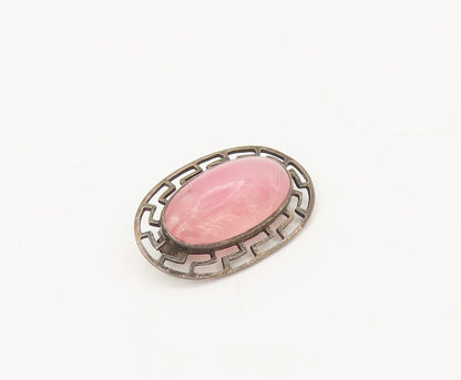925 Sterling Silver Vintage Brooch Pin Oval Pink Quartz Halo Caved Maze  BP10626