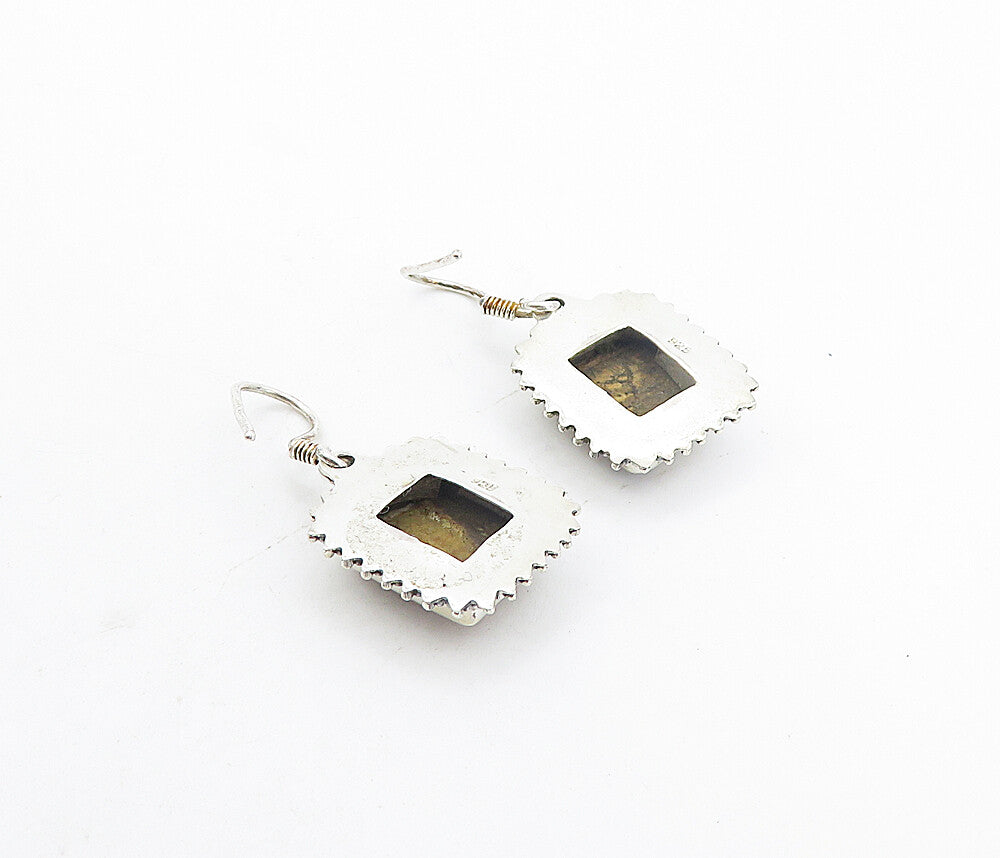 925 Sterling Silver  Vintage Brown Jasper Square Shiny Dangle Earrings  EG3774