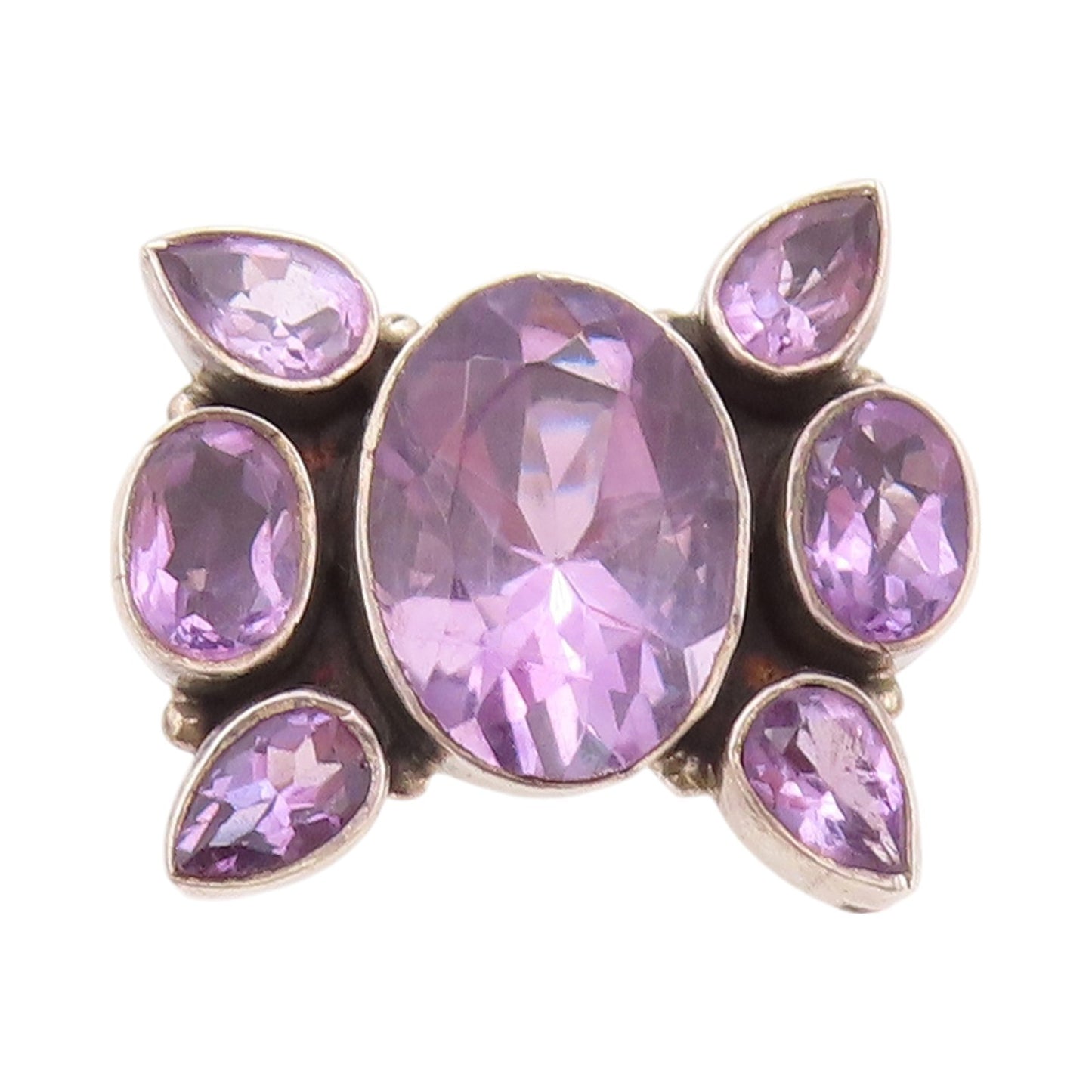 925 Sterling Silver Vintage Ring Oval & Drop Cut Amethyst Design  Sz 7.5 RG32524