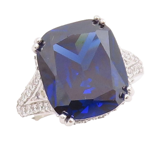 925 Sterling Silver Vintage Ring Rectangle Cutout Sapphire & CZ  Sz 7  RG30993