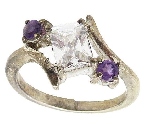 925 Sterling Silver  Vintage Cubic Zirconia & Amethyst Band Ring Sz 8  RG10530