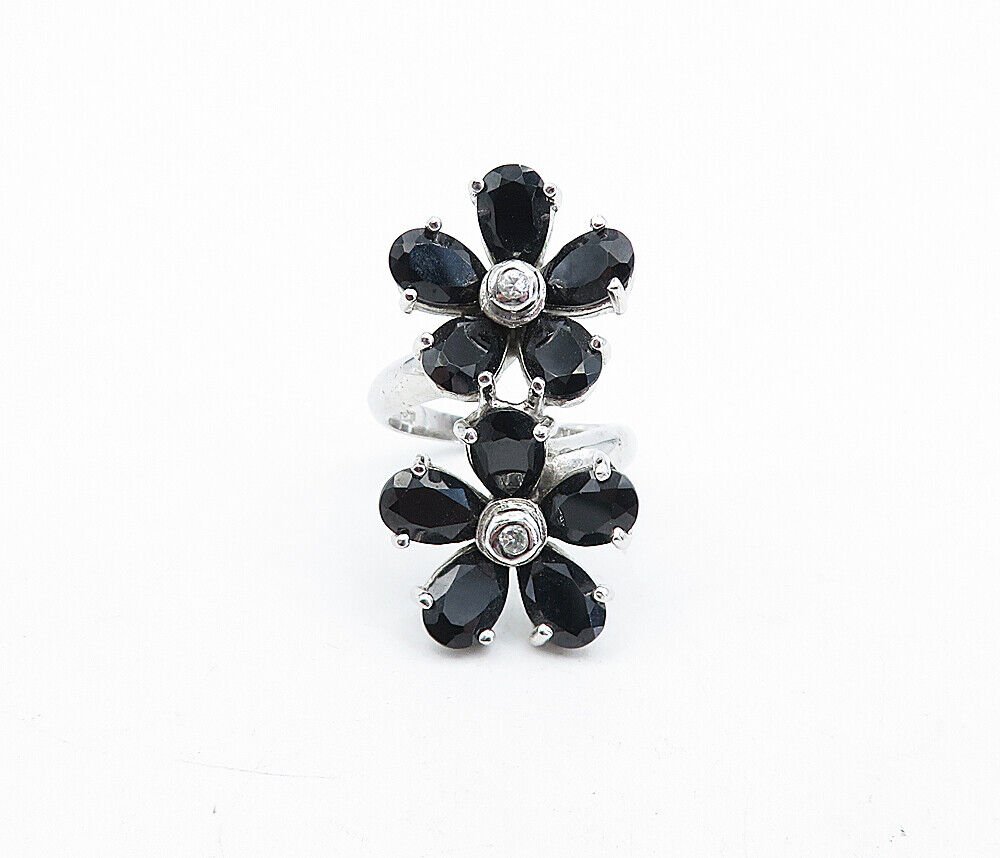 925 Sterling Silver  Hematite & Topaz Floral Statement Ring Sz 7.5  RG5679