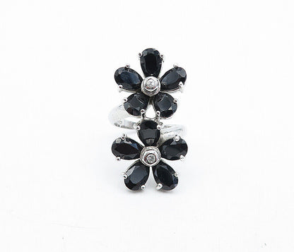 925 Sterling Silver  Hematite & Topaz Floral Statement Ring Sz 7.5  RG5679