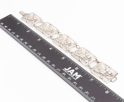925 Sterling Silver Vintage Bracelet Antique Openwork Floral Panel Link  BT11632