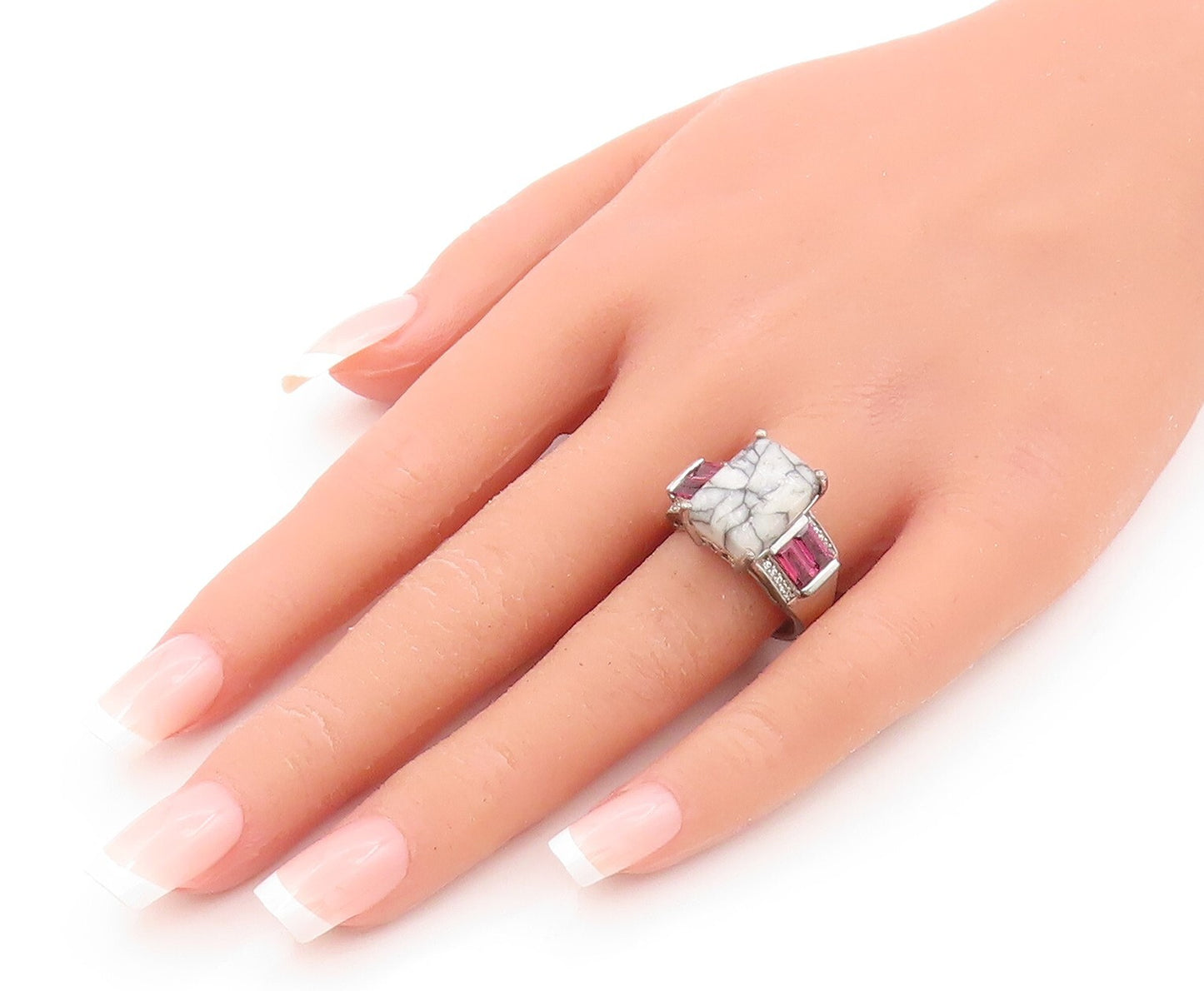 925 Sterling Silver Vintage Ring Rectangle Marble White & Pink CZ  Sz 8  RG31886
